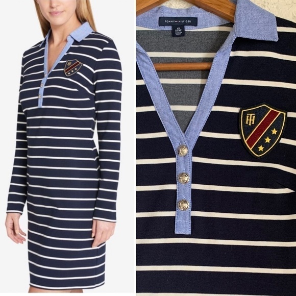 𝅺TOMMY Hilfiger navy/white striped chambray collar crest patch shirt dress - Picture 1 of 11